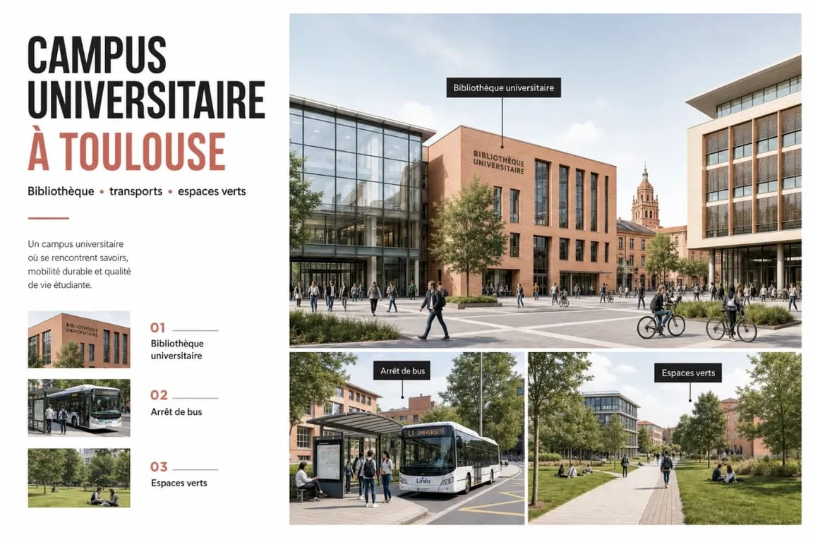 Campus Toulouse vu en ambiance universitaire avec étudiants et bâtiments de la ville rose