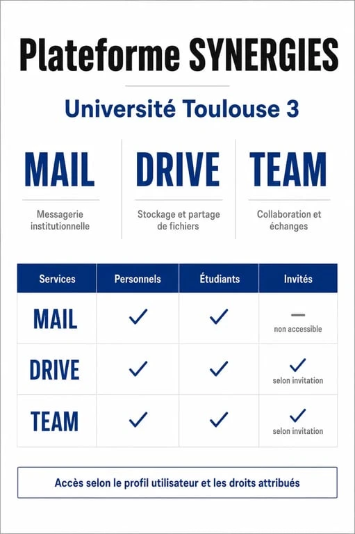 Infographie des services SYNERGIES de l'Université Toulouse 3 : accès aux outils collaboratifs par profil utilisateur