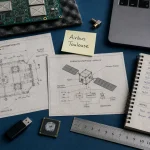Plan satellite et électronique Airbus Defence and Space Toulouse, vue flat-lay