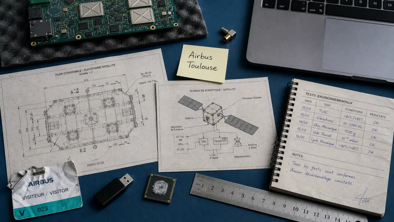 Plan satellite et électronique Airbus Defence and Space Toulouse, vue flat-lay