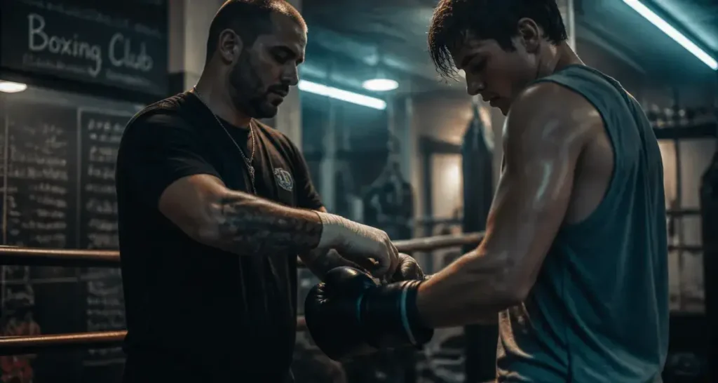 Boxing club toulousain : coach ajuste des gants en salle de boxe à Toulouse