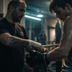 Boxing club toulousain : coach ajuste des gants en salle de boxe à Toulouse