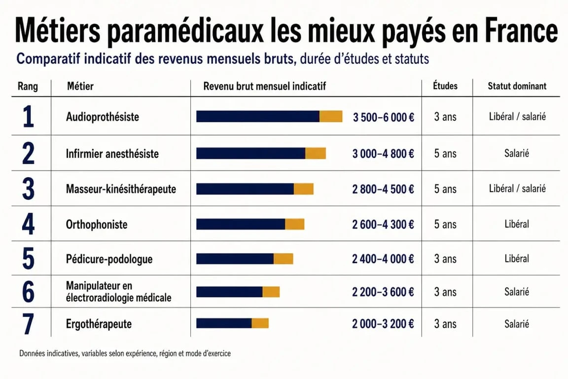 Comparatif des métiers paramédical bien payé avec salaires, durée d’études et statuts