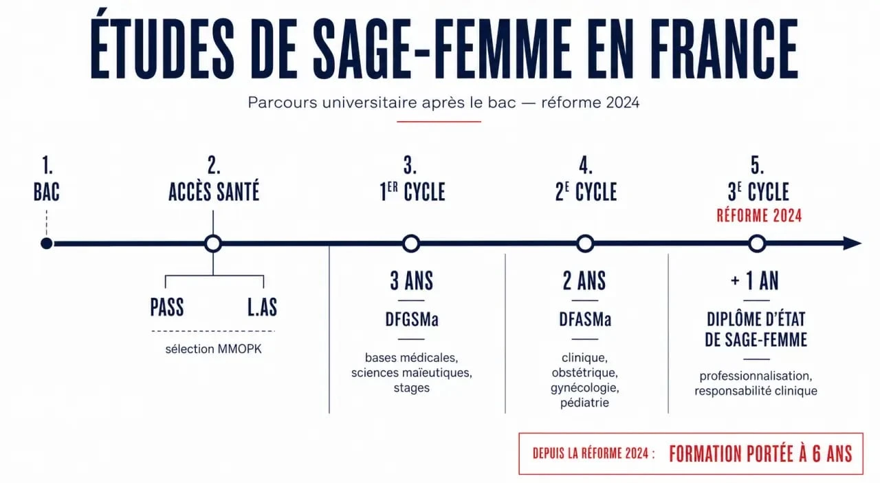 Sage femme etudes : schéma du parcours après le bac, PASS, L.AS, cycles et diplômes en France