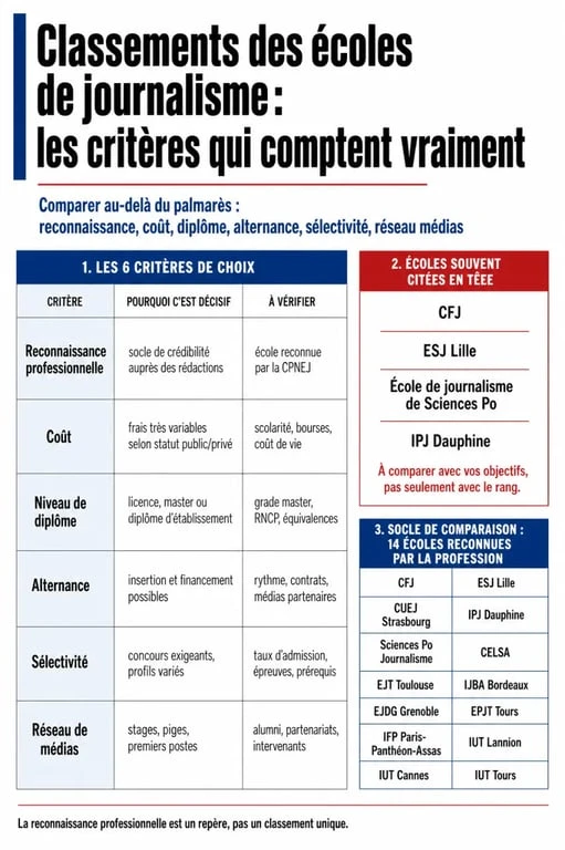Classement ecole journalisme en France : infographie comparative des critères de choix et des écoles reconnues
