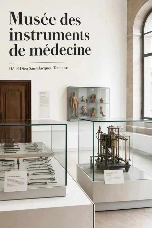 Musée des instruments de médecine des hôpitaux de Toulouse dans l’Hôtel-Dieu Saint-Jacques avec vitrines d’instruments anciens