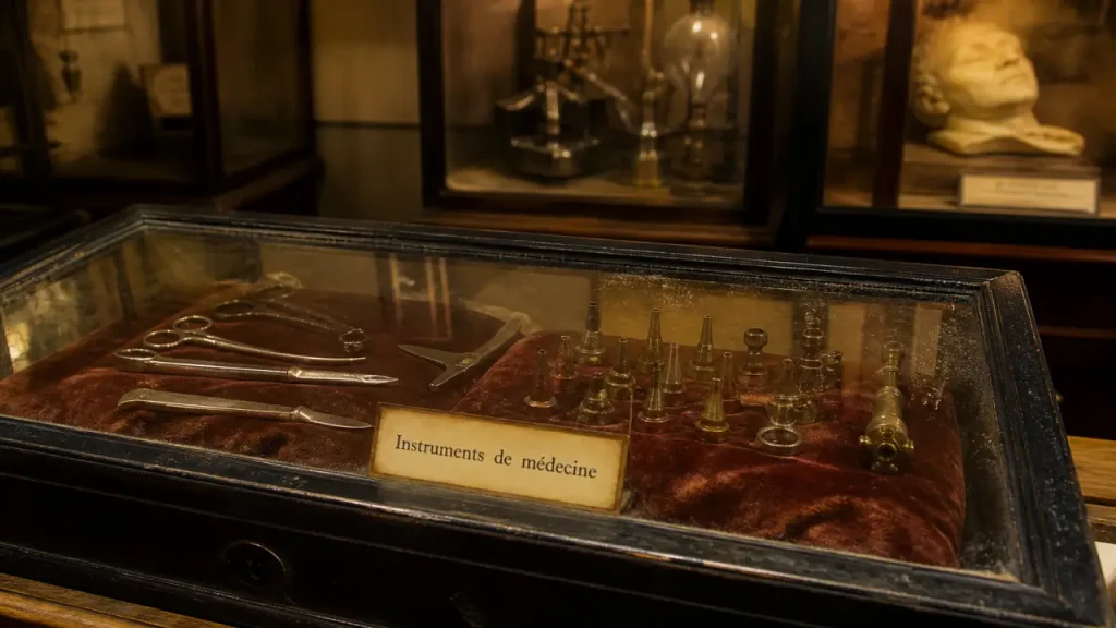 Vitrine du musée des instruments de médecine des hôpitaux de Toulouse : anciens instruments médicaux