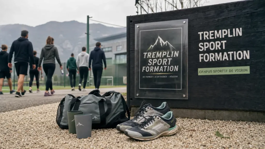 Tremplin sport formation à Voiron : entrée du campus sportif, groupe en marche