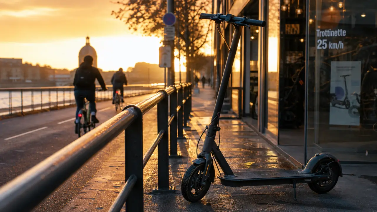 Trottinette électrique Toulouse près de la Garonne, boutique mobilité douce au fond