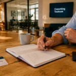 coworking toulouse : postes, badges et lumière naturelle dans un espace de travail