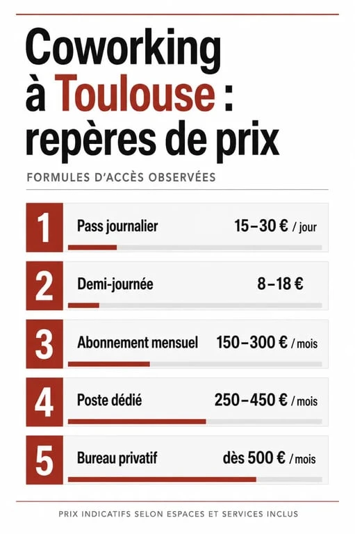 Comparatif coworking toulouse des formules et tarifs dans un visuel éditorial