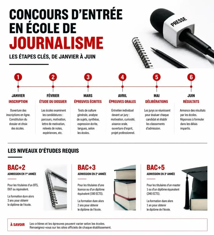 Infographie des étapes et calendrier du concours école de journalisme