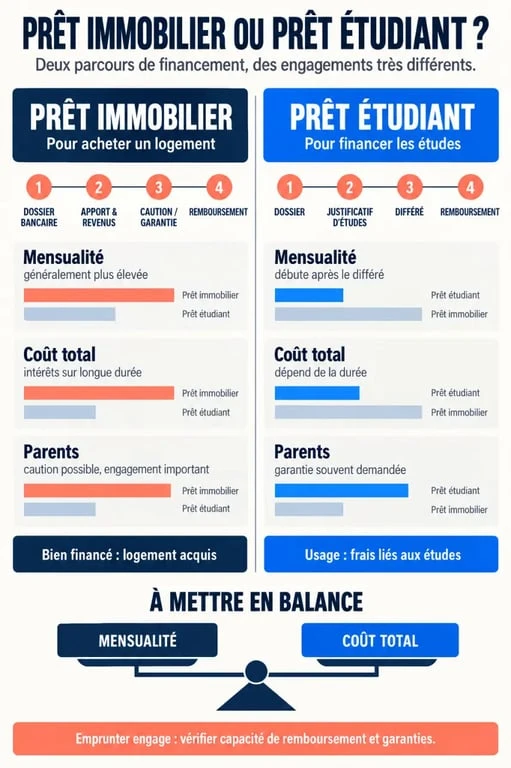 Infographie sur le prêt étudiant immobilier, les garanties et le différé de remboursement