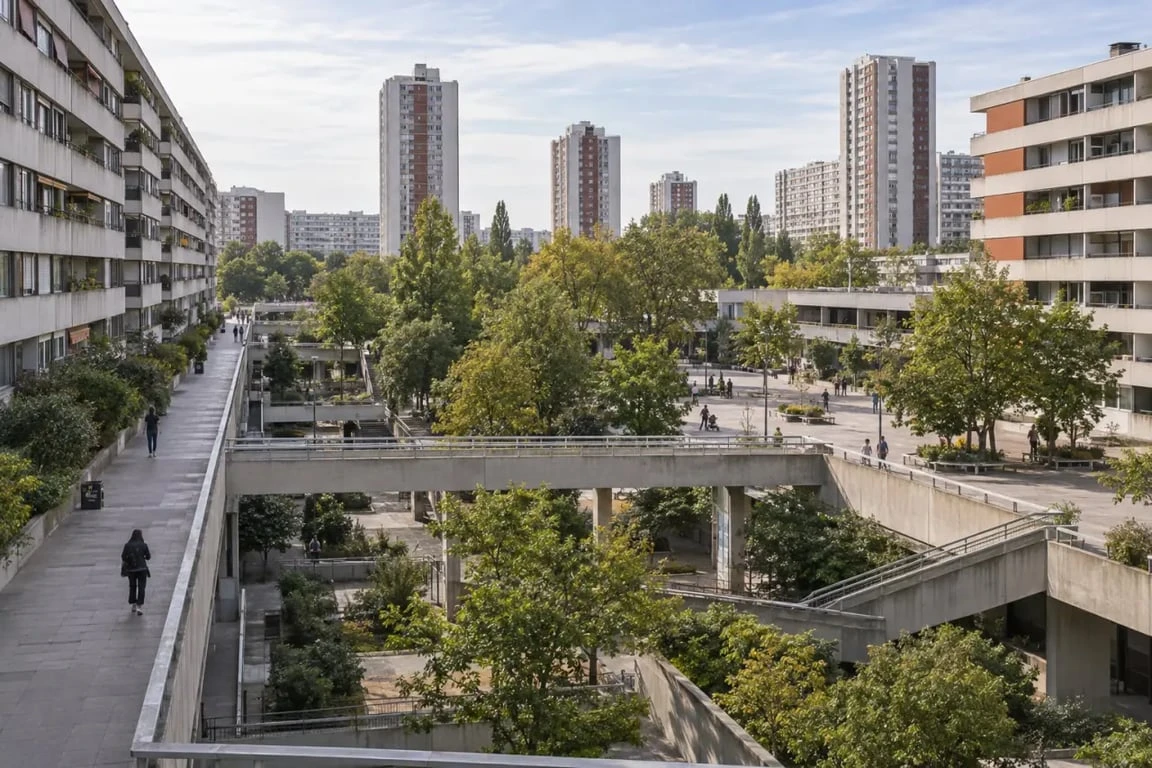 Toulouse Mirail et son urbanisme sur dalle vus depuis un espace public