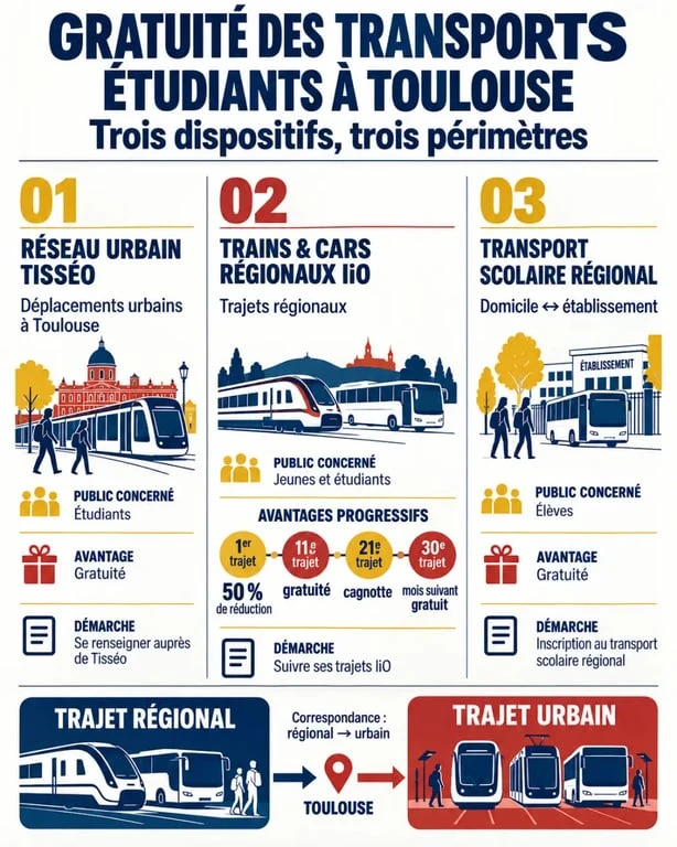 Infographie sur la gratuité transport étudiant Toulouse entre Tisséo, liO et le transport scolaire