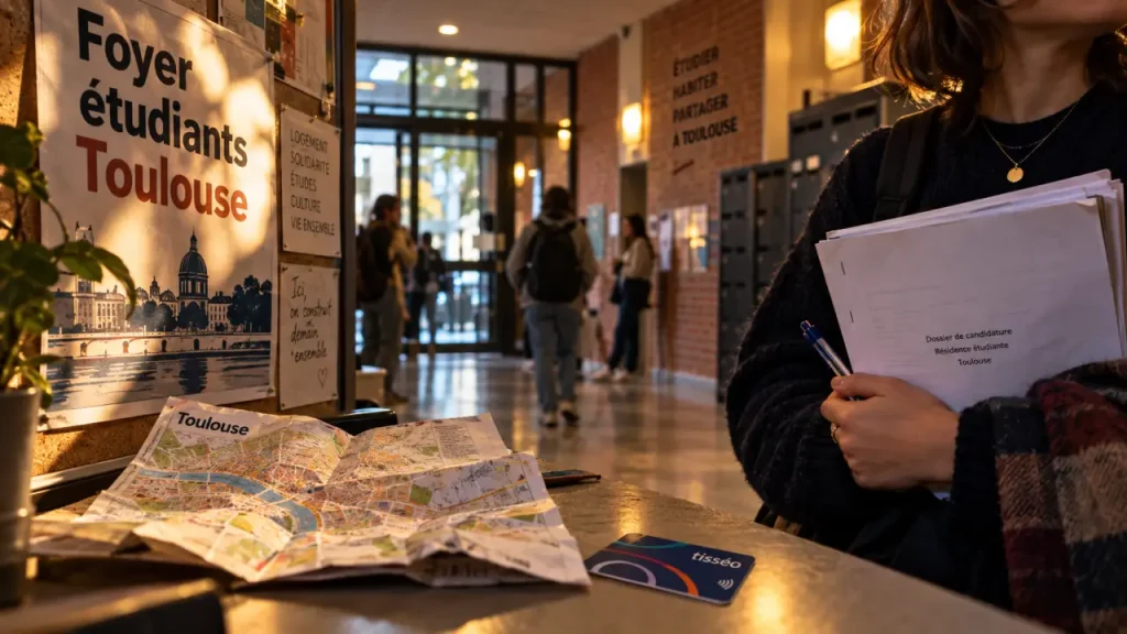 Foyer étudiant Toulouse, étudiante avec documents et plan de la ville