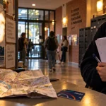 Foyer étudiant Toulouse, étudiante avec documents et plan de la ville