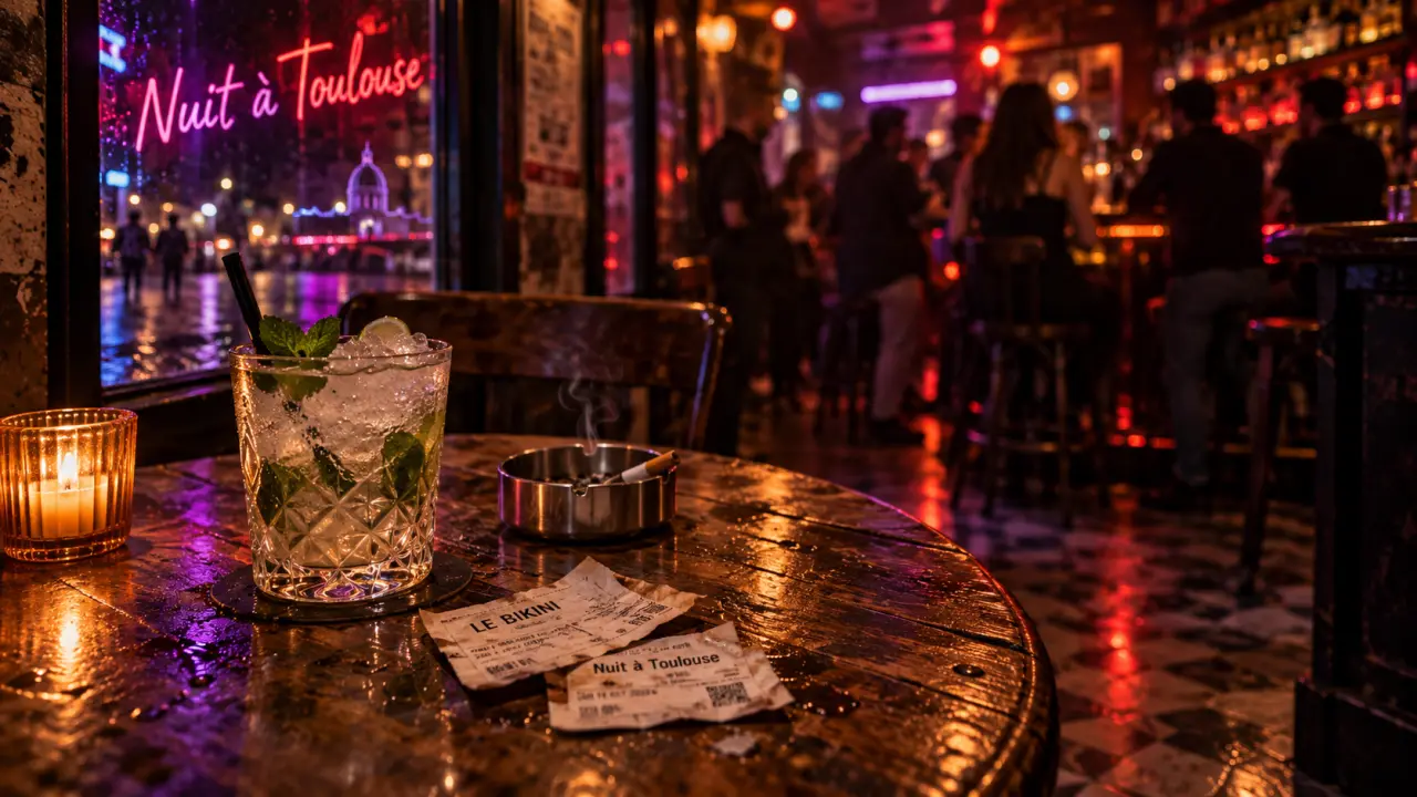 Bars de nuit Toulouse : verre à cocktail et néon violet/rouge en centre-ville