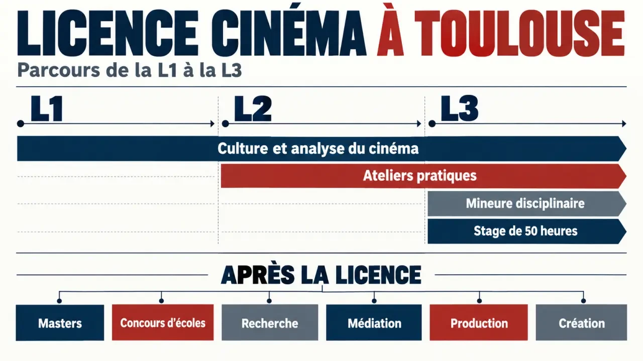 Infographie du parcours de la licence cinéma Toulouse de la L1 aux poursuites d’études